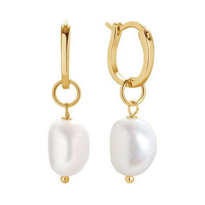 925 Sterling Silver 18K Gold Plated Freshwater Pearl Hoop Earrings para Mulheres Estilo Moderno