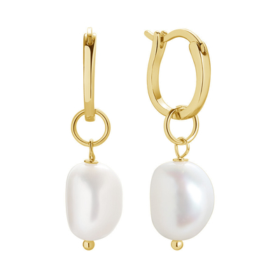 925 Sterling Silver 18K Gold Plated Freshwater Pearl Hoop Earrings para Mulheres Estilo Moderno