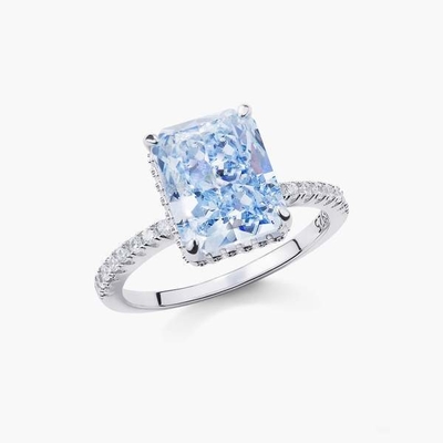 Baguete prateado diamante azul 5A corte de gelo CZ Anel de noivado de casamento para mulheres 925 prata esterlina