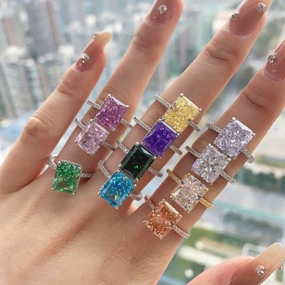 Baguete prateado diamante azul 5A corte de gelo CZ Anel de noivado de casamento para mulheres 925 prata esterlina