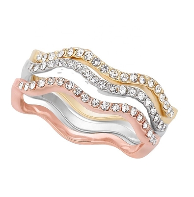 3 peças Pave Ring Set Rhodium Plated Wave Ring Sterling Silver