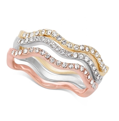 3 peças Pave Ring Set Rhodium Plated Wave Ring Sterling Silver