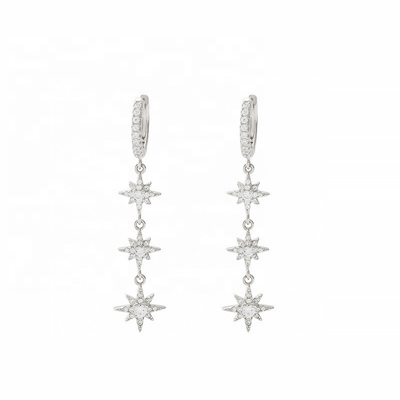 925 Prateado Brasileiro Starburst Long Dangle Hoop Brincos Para Mulheres