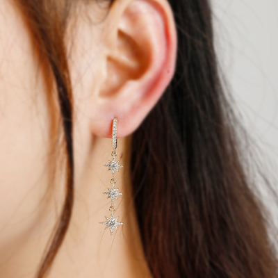 925 Prateado Brasileiro Starburst Long Dangle Hoop Brincos Para Mulheres