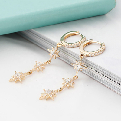 925 Prateado Brasileiro Starburst Long Dangle Hoop Brincos Para Mulheres