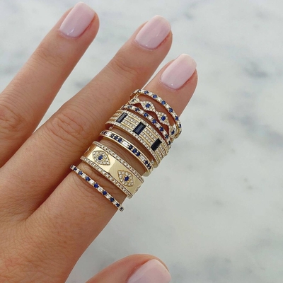 Azul safira branco CZ Olho Mulheres Eternidade Banda de Brass Eternidade Anel Para Mulheres