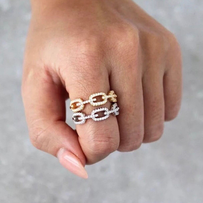 925 Sterling Silver Curb Link Chain Ring 18K Mulheres Anéis de Zirconia cúbica