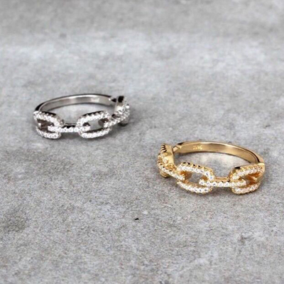925 Sterling Silver Curb Link Chain Ring 18K Mulheres Anéis de Zirconia cúbica