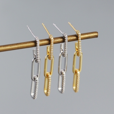 Retro Paperclip Rectangular Chain Earrings em 925 Sterling Silver para a noite das senhoras
