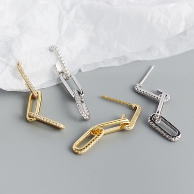 Retro Paperclip Rectangular Chain Earrings em 925 Sterling Silver para a noite das senhoras