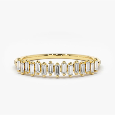 925 Sterling Silver CZ Diamond Baguette Anel da Eternidade Feminina com Revestimento de Ouro Amarelo