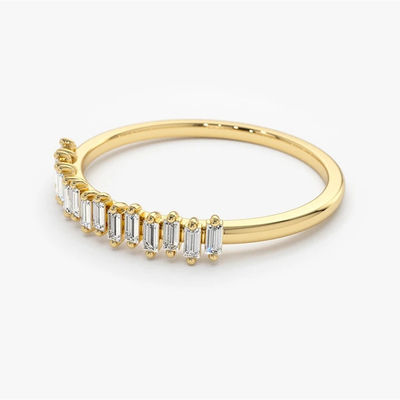 925 Sterling Silver CZ Diamond Baguette Anel da Eternidade Feminina com Revestimento de Ouro Amarelo
