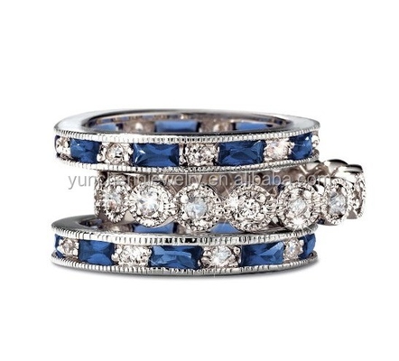 925 Sterling Silver CZ Simulado Sapphire Anel empilhável conjunto com tamanho personalizado