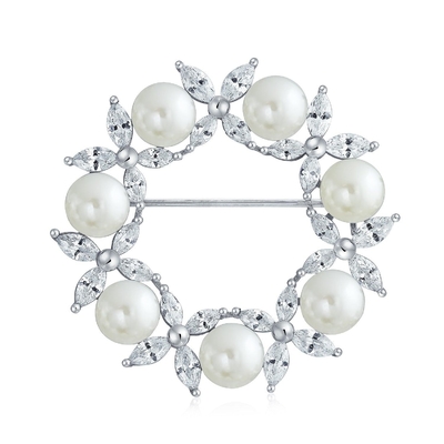 Broche de folhas de ouro revestido de círculo Branco de pérola 925 Prata Broches de luxo para mulheres