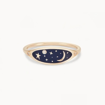 Handmade 18K Gold Plated Midnight Blue Enamel 925 Sterling Silver Round Brilliant CZ Stacking Ring para raparigas
