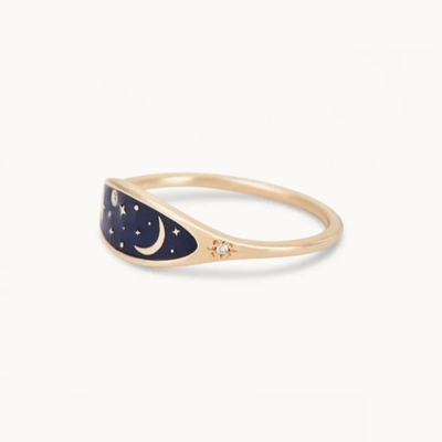 Handmade 18K Gold Plated Midnight Blue Enamel 925 Sterling Silver Round Brilliant CZ Stacking Ring para raparigas