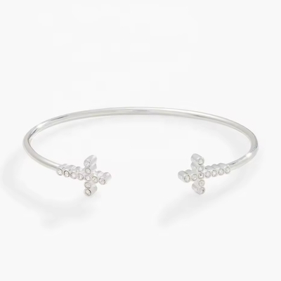Pave Incrustado Cristal Zircon 925 Sterling Prata Bracelete Cruz Manseta 18K Bracelete de Ouro