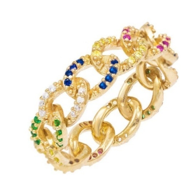 925 Sterling Silver Eternity Link Chain Band Feminino Anéis Clássico estilo cubano com ZIRCON