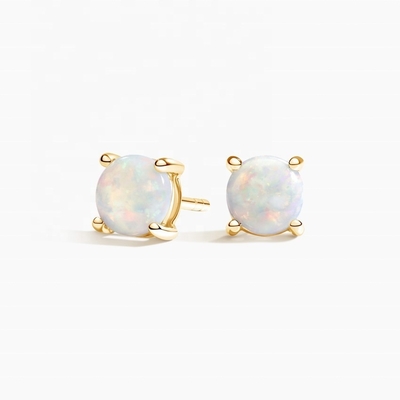 18K de ouro 6MM Solitário Opal Stud brincos para mulheres e meninas jóias finas