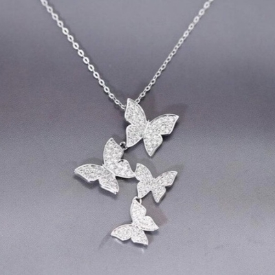 925 Sterling Silver White Gold Plated Micron Pave 4 Butterflies Charm Pendant Para Mulheres