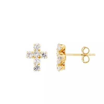 925 Sterling Silver White Cubic Zirconia Cross Button Stud Earrings com 18K Gold Plating