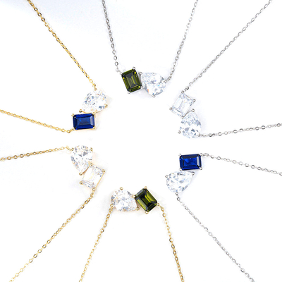Venda Quente 925 Cushion de Prata Cortado zafiro e retângulo Cortado Branco Zircon Cor Bloco Zirconia Dupla Pedra Pendente Colares