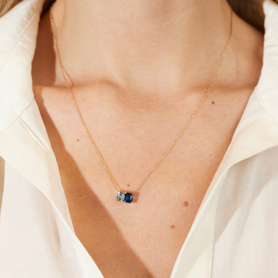 Venda Quente 925 Cushion de Prata Cortado zafiro e retângulo Cortado Branco Zircon Cor Bloco Zirconia Dupla Pedra Pendente Colares