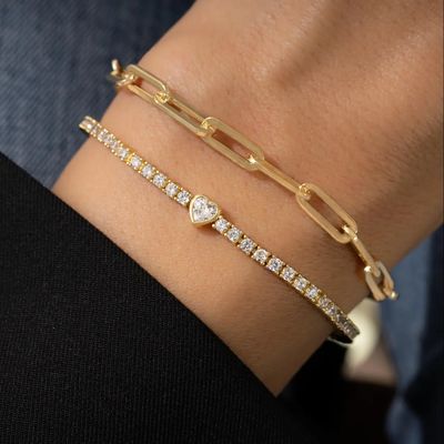 925 Sterling Silver 14K Plated Heart Tennis Bracelet com Zircon