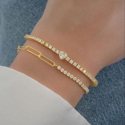 925 Sterling Silver 14K Plated Heart Tennis Bracelet com Zircon