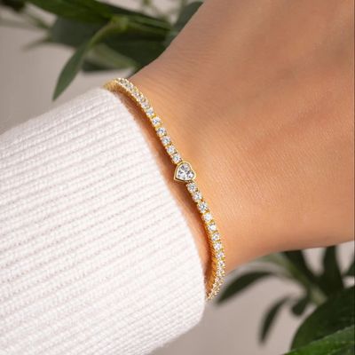925 Sterling Silver 14K Plated Heart Tennis Bracelet com Zircon