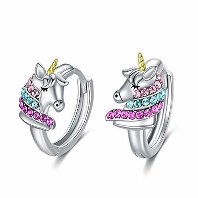 Brincos de argola de unicórnio em prata esterlina 925, 16mm, com zircônia rosa para crianças
