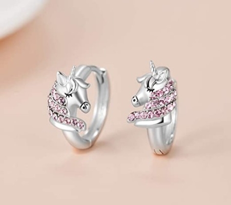 Brincos de argola de unicórnio em prata esterlina 925, 16mm, com zircônia rosa para crianças