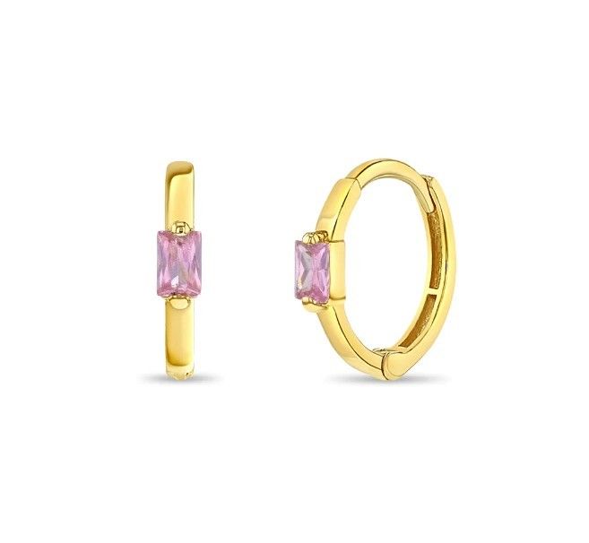 Brincos de argola infantis com banho de ouro 14K, zircônia cúbica rosa corte baguete de 10mm, com MOQ de 50 pares