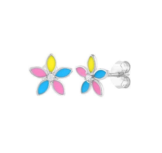 Brincos de estribo de flores de esmalte amarelo multicolor 925 esterlinho de prata