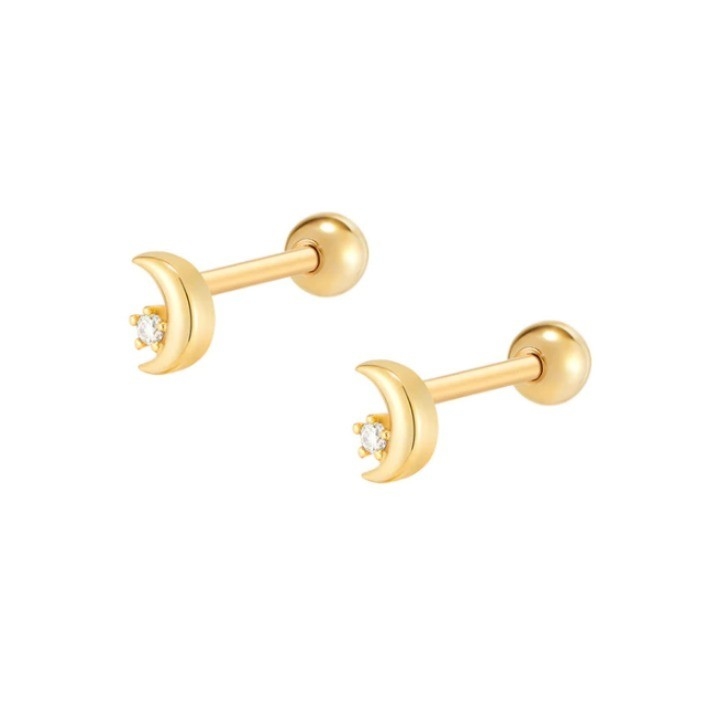 925 Sterling Silver Tiny CZ Moon Piercing Stud Earring com fecho de volta de parafuso de bola