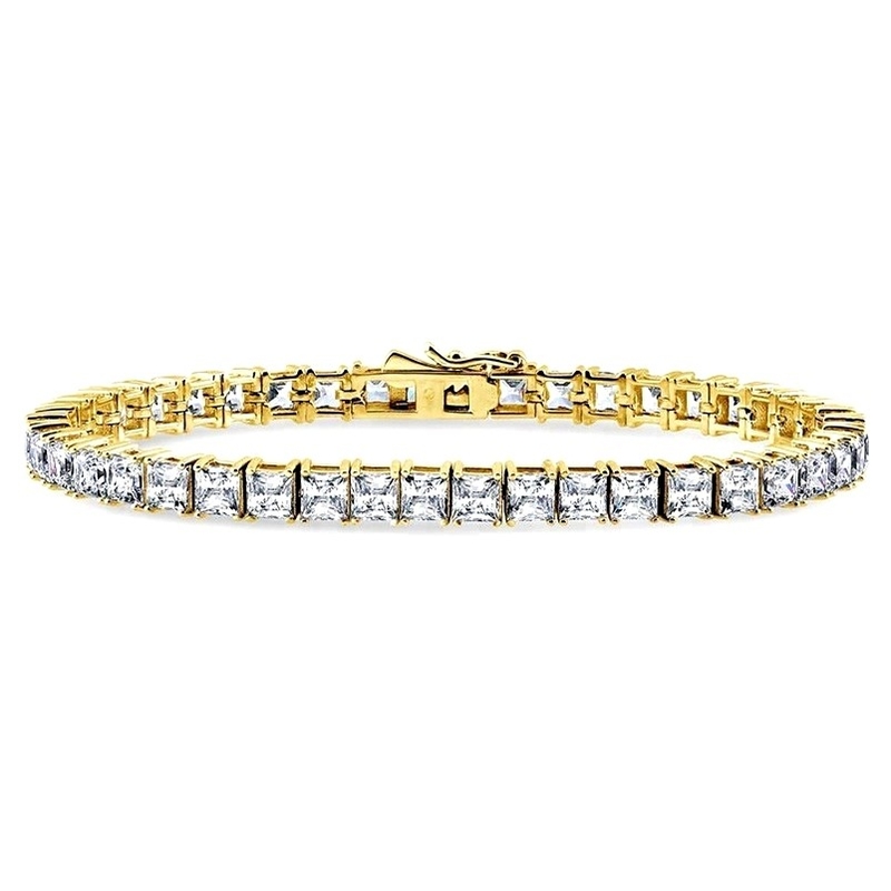 Unisex 18K de ouro feito à mão Hip Hop Quadrado corte de gelo Diamante CZ 925 Sterling Prata empilhamento pulseira de tênis
