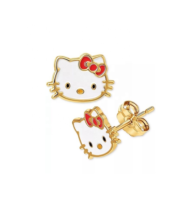 18K ouro revestido Hello Kitty Enamel Stud brincos para meninas em 925 Sterling Silver