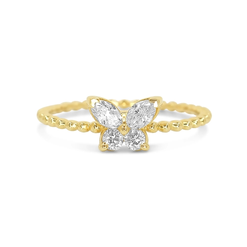 Anel feminino de prata esterlina 925 com bola de ouro 18K e borboleta marquesa