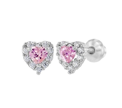 Corações Rosa Dourados CZ Rosa Cerâmicos para Crianças em 925 Sterling Silver