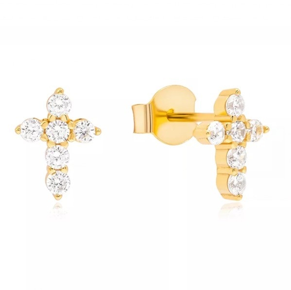 18K ouro revestido Micron Pave Cross Stud brincos em 925 Sterling prata para meninas