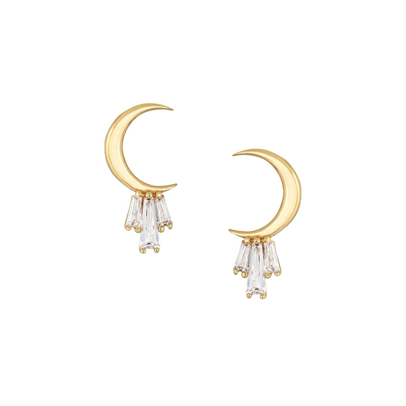 18K ouro revestido 925 Sterling Silver Baguette Moon Stud brincos para mulheres AAA CZ pedra