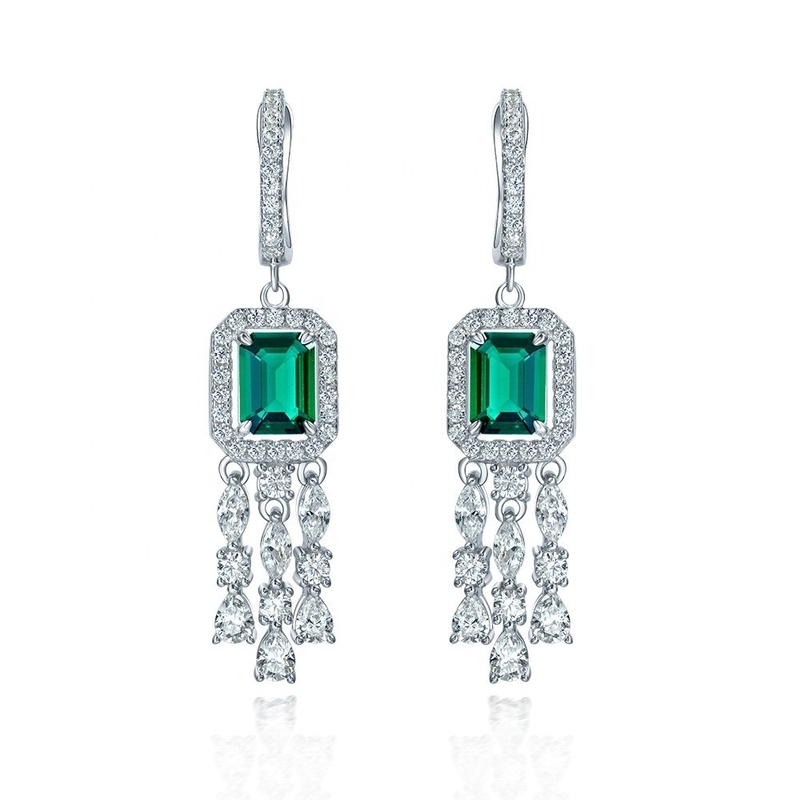 Real Sterling Silver 925 Green Baguette CZ Diamond Long Hoop Earrings para Usar Unisex