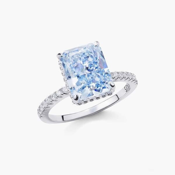 Baguete prateado diamante azul 5A corte de gelo CZ Anel de noivado de casamento para mulheres 925 prata esterlina
