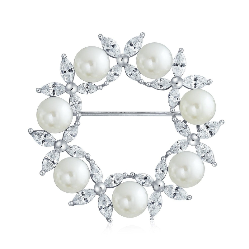 Broche de folhas de ouro revestido de círculo Branco de pérola 925 Prata Broches de luxo para mulheres