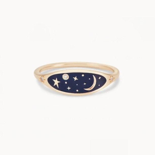 Handmade 18K Gold Plated Midnight Blue Enamel 925 Sterling Silver Round Brilliant CZ Stacking Ring para raparigas