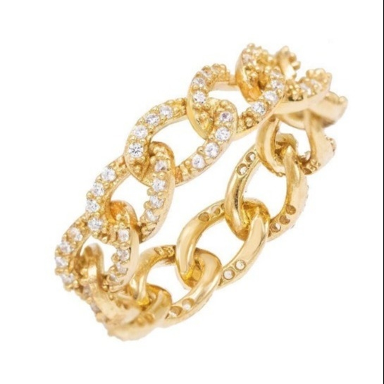 925 Sterling Silver Eternity Link Chain Band Feminino Anéis Clássico estilo cubano com ZIRCON