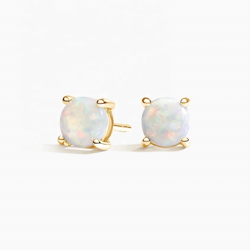 18K de ouro 6MM Solitário Opal Stud brincos para mulheres e meninas jóias finas