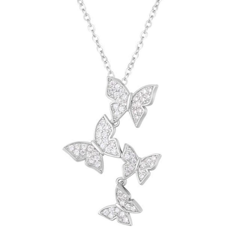 925 Sterling Silver White Gold Plated Micron Pave 4 Butterflies Charm Pendant Para Mulheres