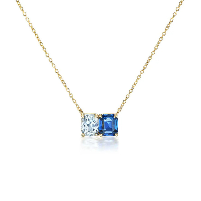 Venda Quente 925 Cushion de Prata Cortado zafiro e retângulo Cortado Branco Zircon Cor Bloco Zirconia Dupla Pedra Pendente Colares