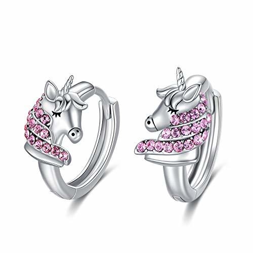 Brincos de argola de unicórnio em prata esterlina 925, 16mm, com zircônia rosa para crianças